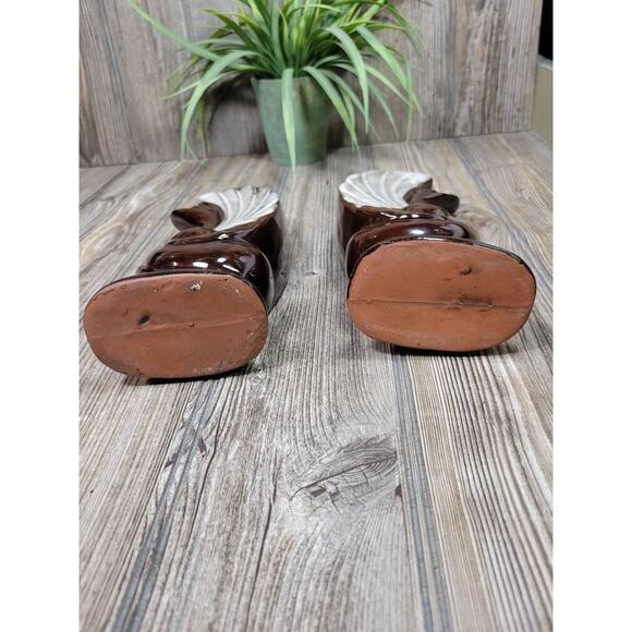 Vintage Swan Vases, Brown Drip MCM Art Deco 8-1/4" Redware Pottery - Picture 4 of 5